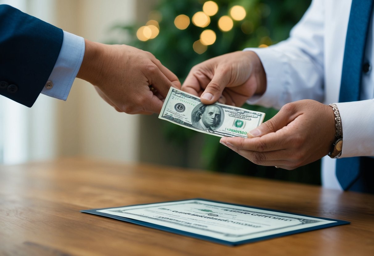 A person handing over money to another person in exchange for a marriage certificate