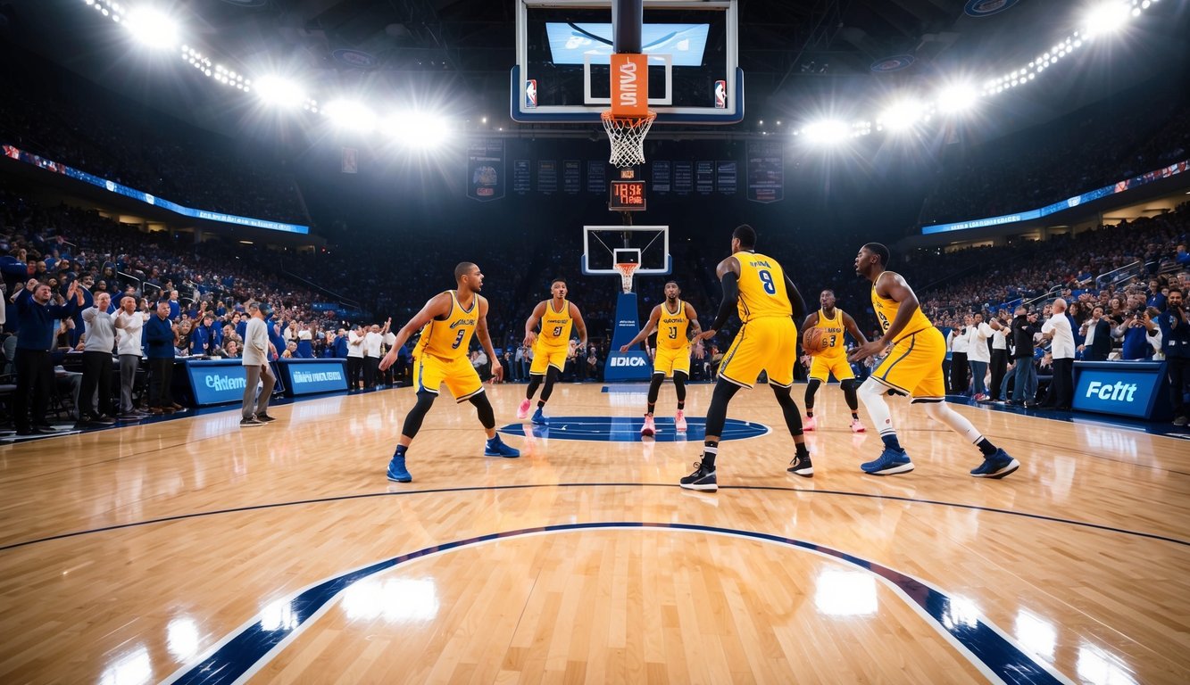 Sebuah lapangan basket dengan pemain yang sedang beraksi, dikelilingi oleh penggemar yang bersorak dan lampu stadion yang terang