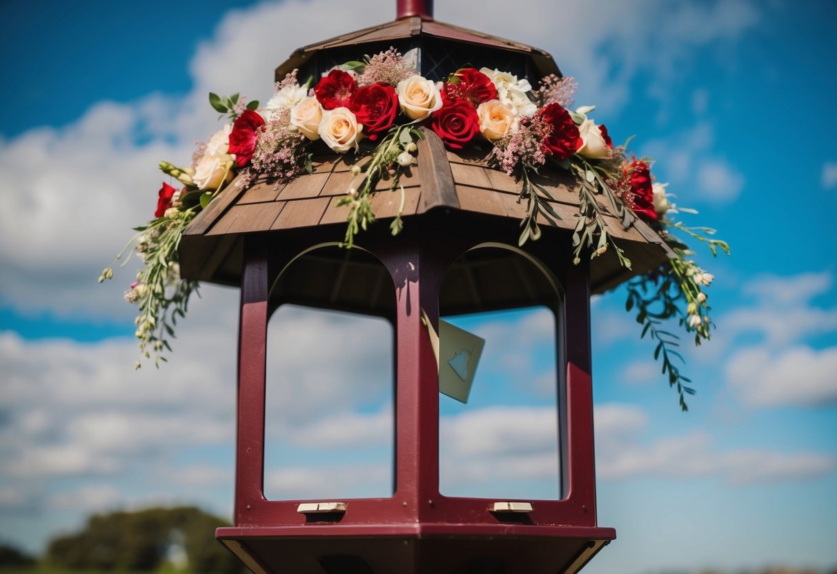 A decorative wishing well with floral arrangements and a slot for envelopes