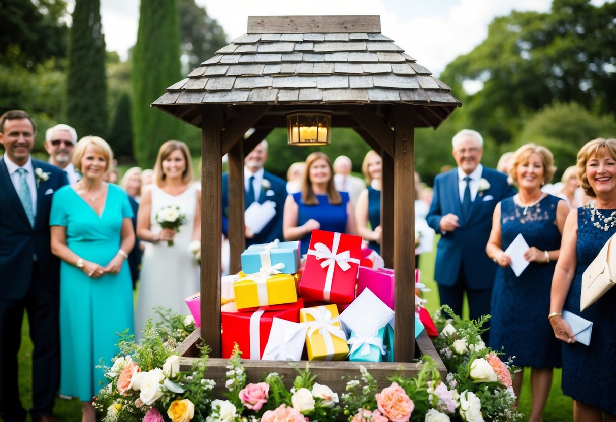 A wedding wishing well overflowing with gifts and envelopes, surrounded by flowers and happy guests