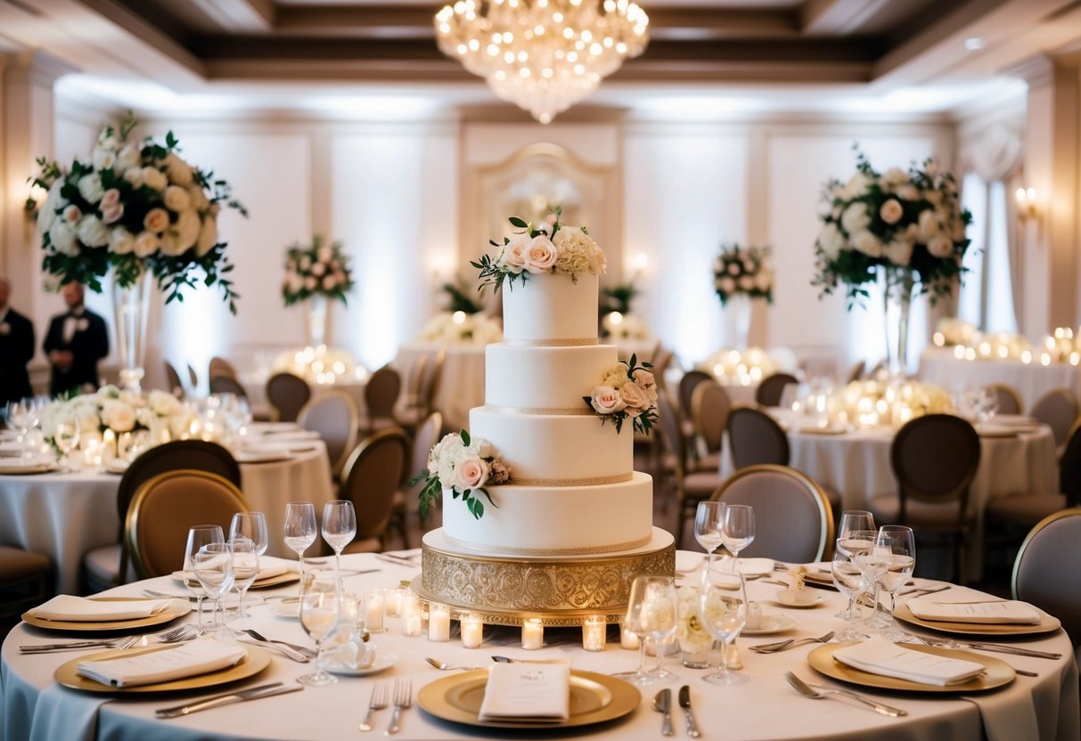 A lavish wedding venue with floral decorations, a grand cake, elegant table settings, and luxurious lighting