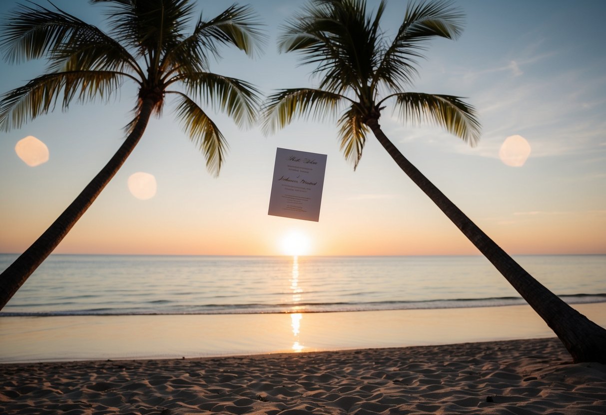 A beach with a sunset, palm trees, and a wedding invitation floating in the breeze