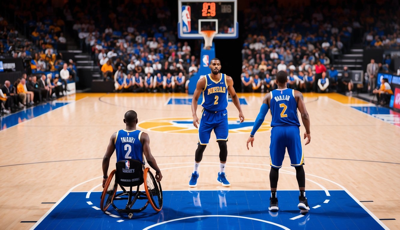 Sebuah lapangan basket dengan dua tim yang bermain, satu dengan handicap, dan papan skor yang menampilkan logo NBA