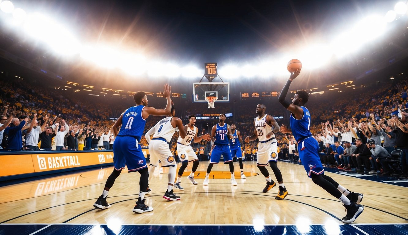 Sebuah lapangan basket dengan pemain yang sedang beraksi, dikelilingi oleh para penggemar yang bersorak dan lampu stadion yang terang