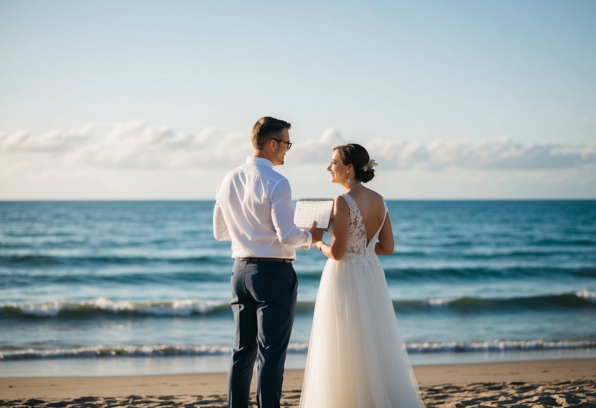A couple stands on a beach, looking out at the ocean with a calendar and a wedding planner in hand. They appear to be discussing wedding dates and making plans