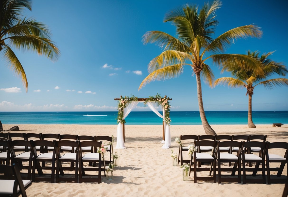 A tropical beach with a wedding arch and chairs facing the ocean. Palm trees sway in the breeze under a clear blue sky