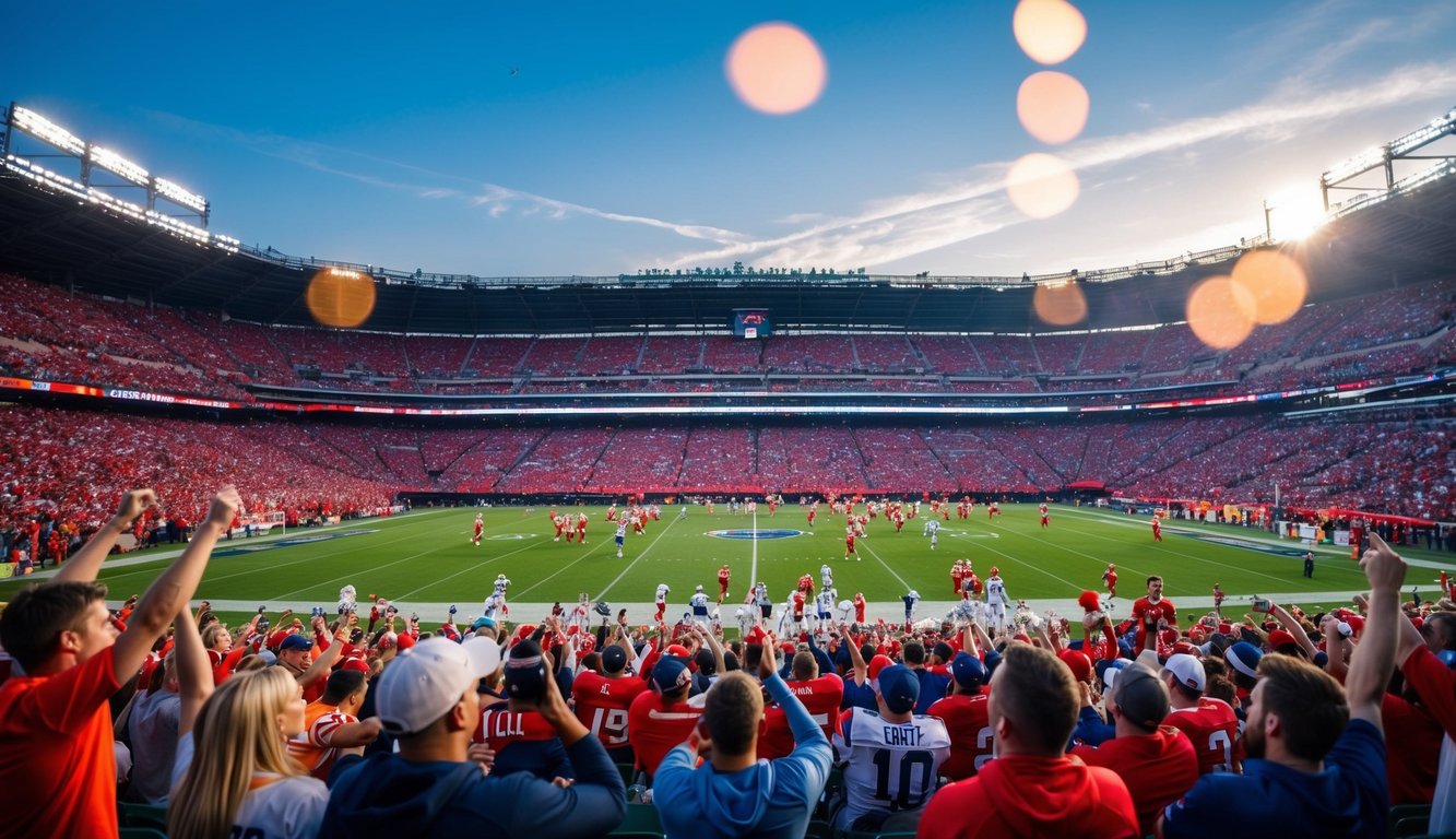 Sebuah stadion yang dipenuhi dengan penggemar yang bersorak dan pemain yang beraksi di lapangan