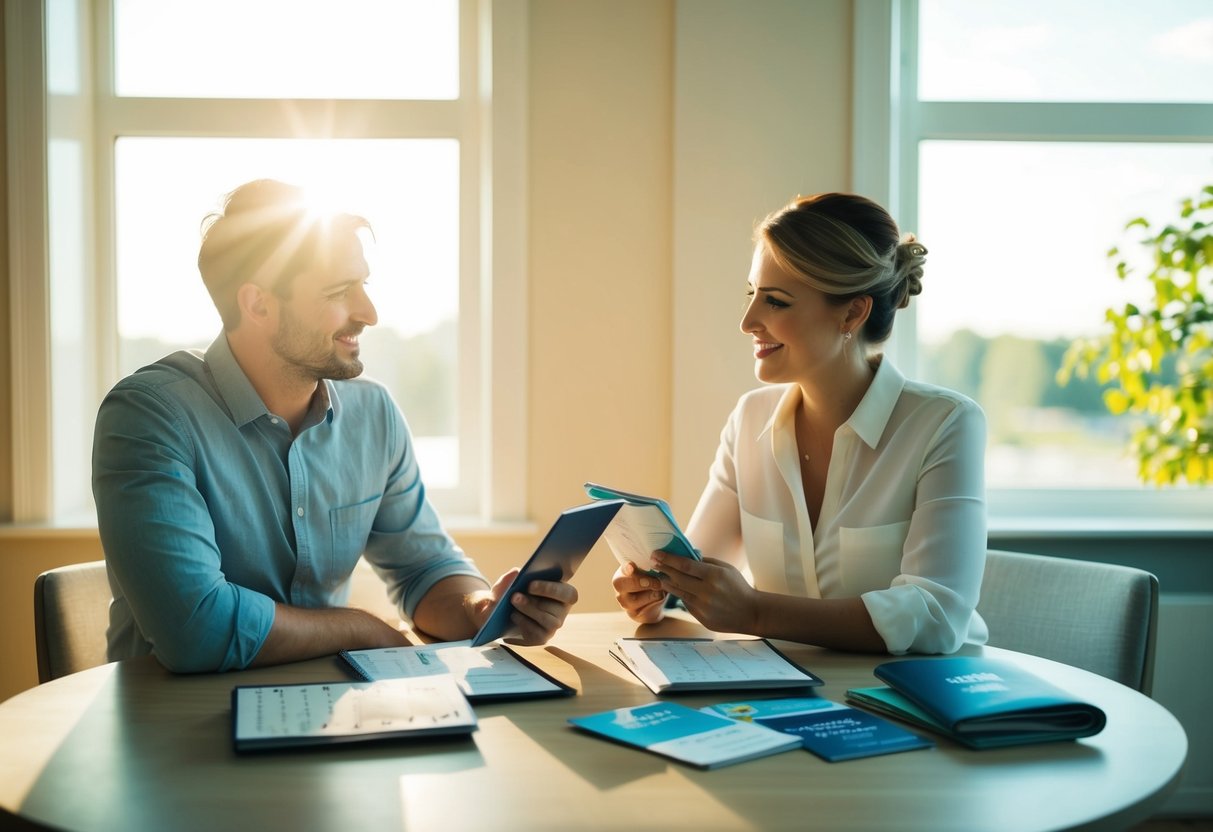 A couple sits at a table with a calendar, passports, and travel brochures, discussing wedding plans. The sun shines through a window, casting a warm glow on the scene