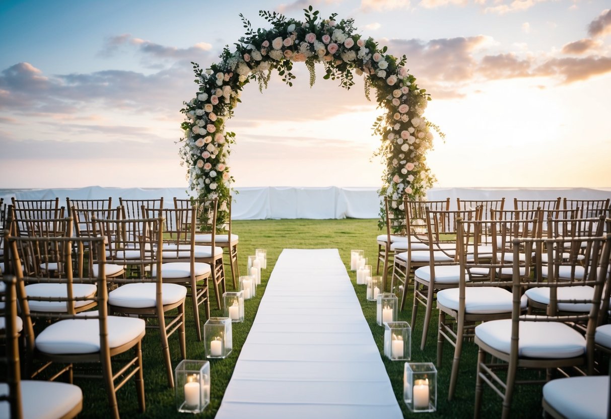 A decorative wedding arch with flowers, a white aisle runner, and rows of empty chairs arranged in front of it