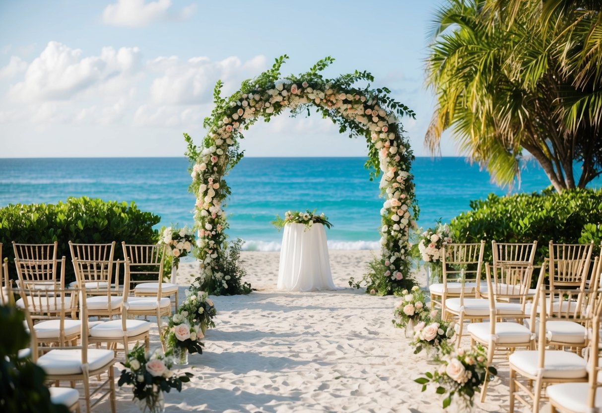 A picturesque beach setting with a floral arch and chairs arranged for a wedding ceremony, surrounded by lush greenery and a sparkling ocean backdrop