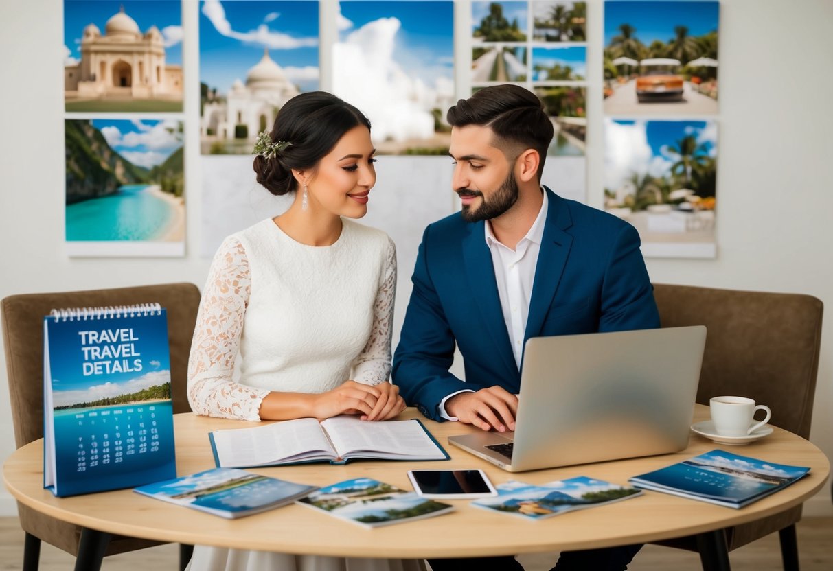 A couple sits at a table with a laptop and a calendar, discussing wedding details while surrounded by travel brochures and destination photos