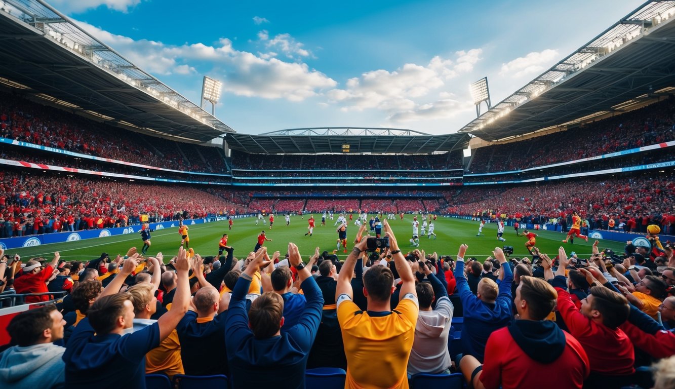 Sebuah stadion olahraga yang ramai dengan penggemar yang bersorak dan pemain yang sedang beraksi