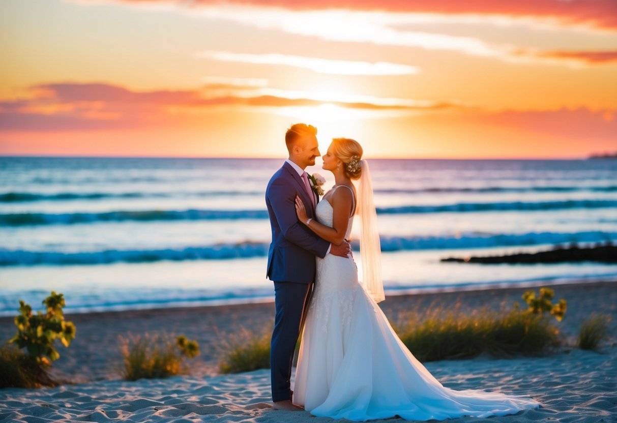 A scenic beach wedding with a colorful sunset backdrop