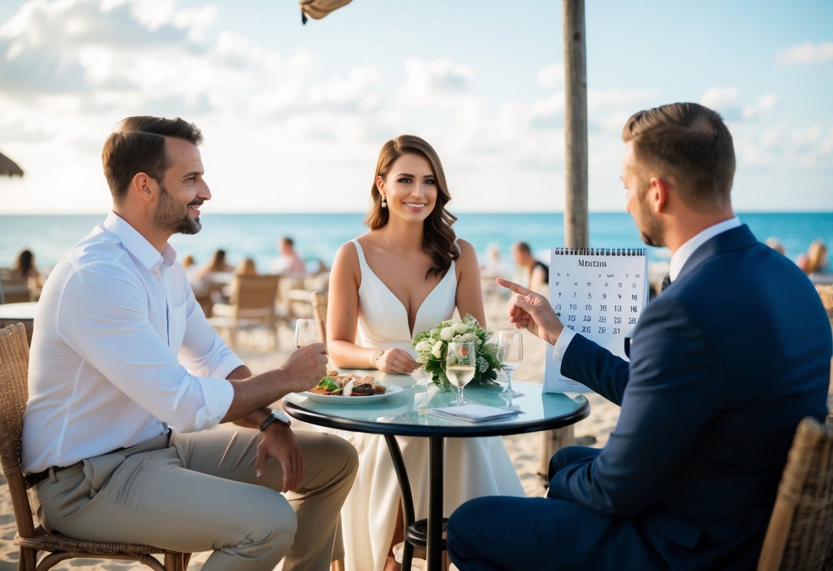 A couple sits at a beachside cafe, discussing wedding plans with a planner. The planner gestures towards a calendar, indicating a date for the abroad wedding
