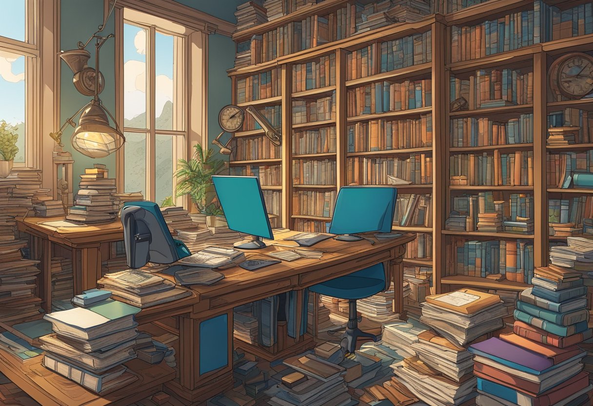 A room filled with books, a computer, and intricate puzzles scattered across a desk, showcasing the complex and extraordinary abilities of a savant mind