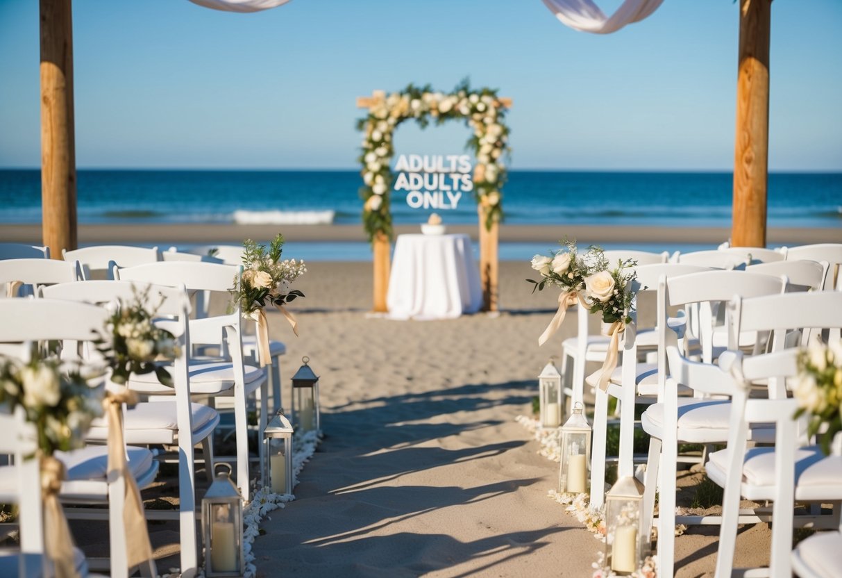 A beachfront wedding with elegant decor and a sign reading "Adults Only" at the entrance