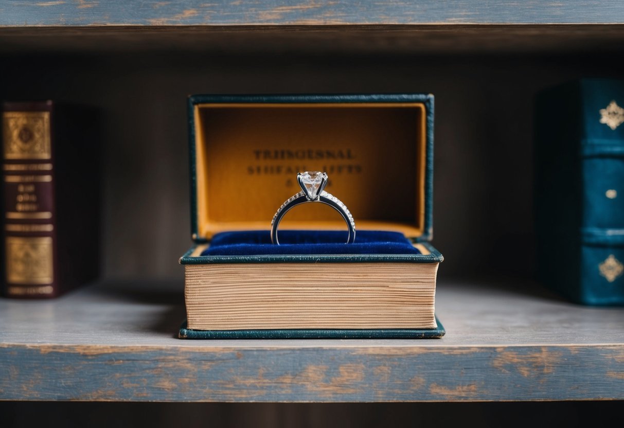 A wedding ring tucked inside a hollowed-out book on a dusty shelf