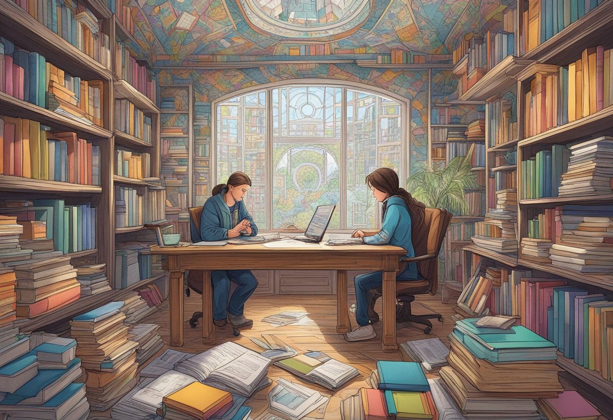 A savant surrounded by books, drawing intricate patterns with precision and focus. The room is filled with colorful diagrams and charts, showcasing the mind's hidden superpowers