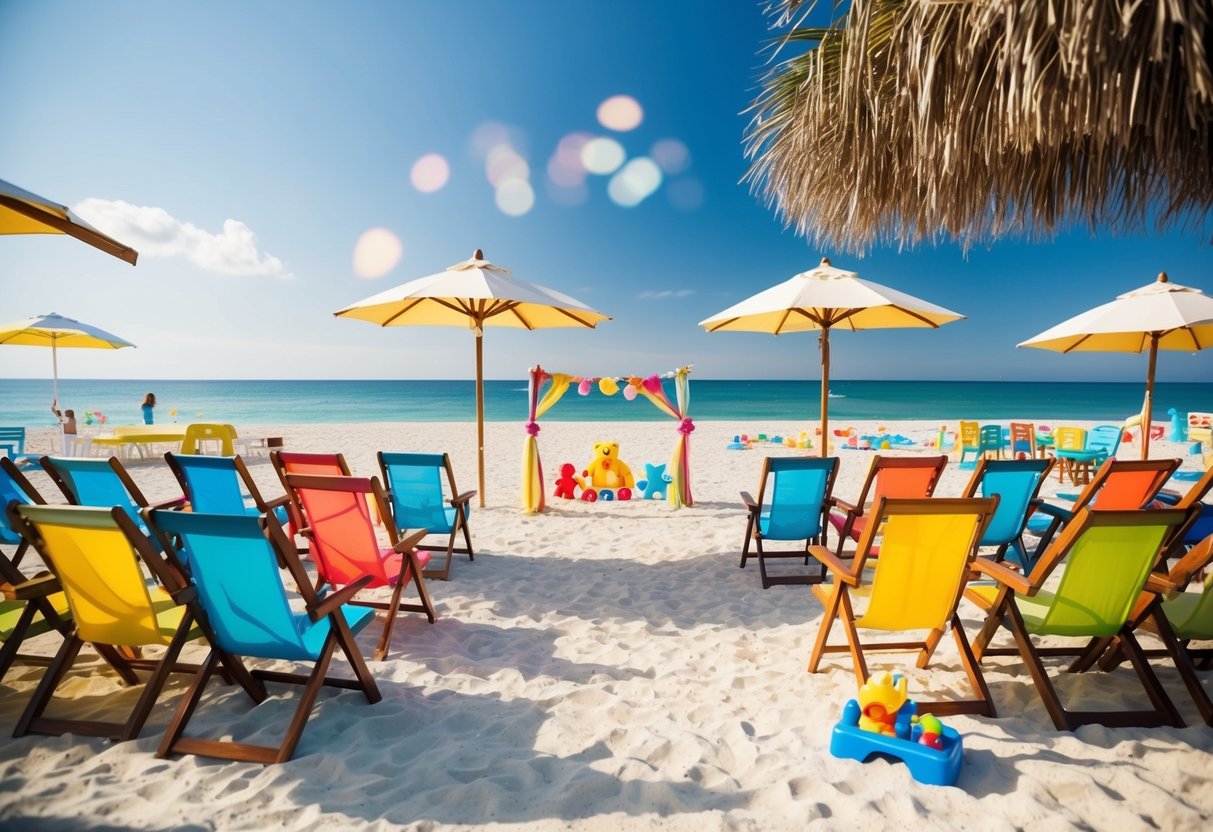 A scenic beach wedding with colorful beach chairs and umbrellas, a playful children's area with toys and games, and a serene ocean backdrop