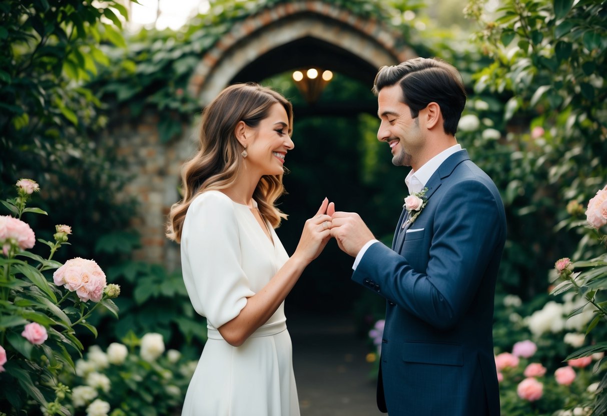 A couple exchanging rings in a secret garden, surrounded by lush greenery and blooming flowers