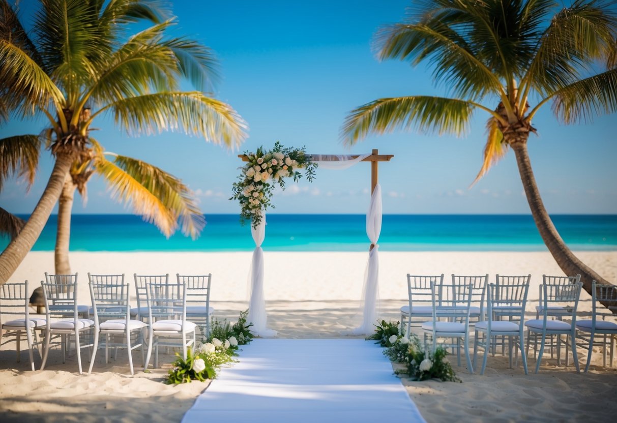 A serene beach setting with a wedding arch and chairs, surrounded by palm trees and a clear blue ocean in the background