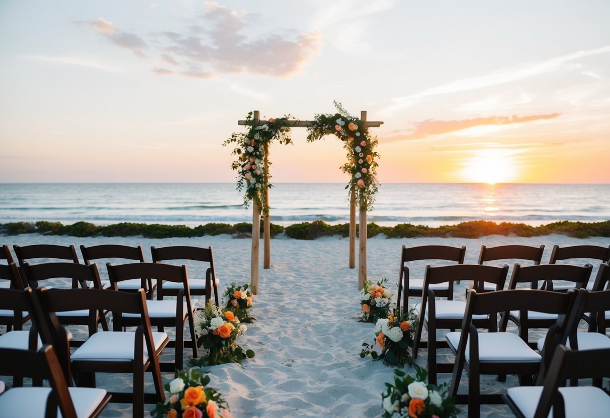A beach wedding setup with chairs, an arch, and flowers overlooking the ocean at sunset