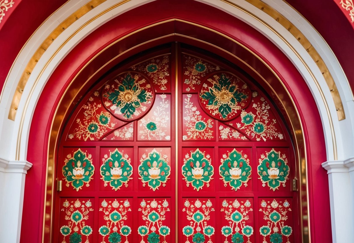 A scarlet archway adorned with intricate floral patterns and shimmering with gold accents