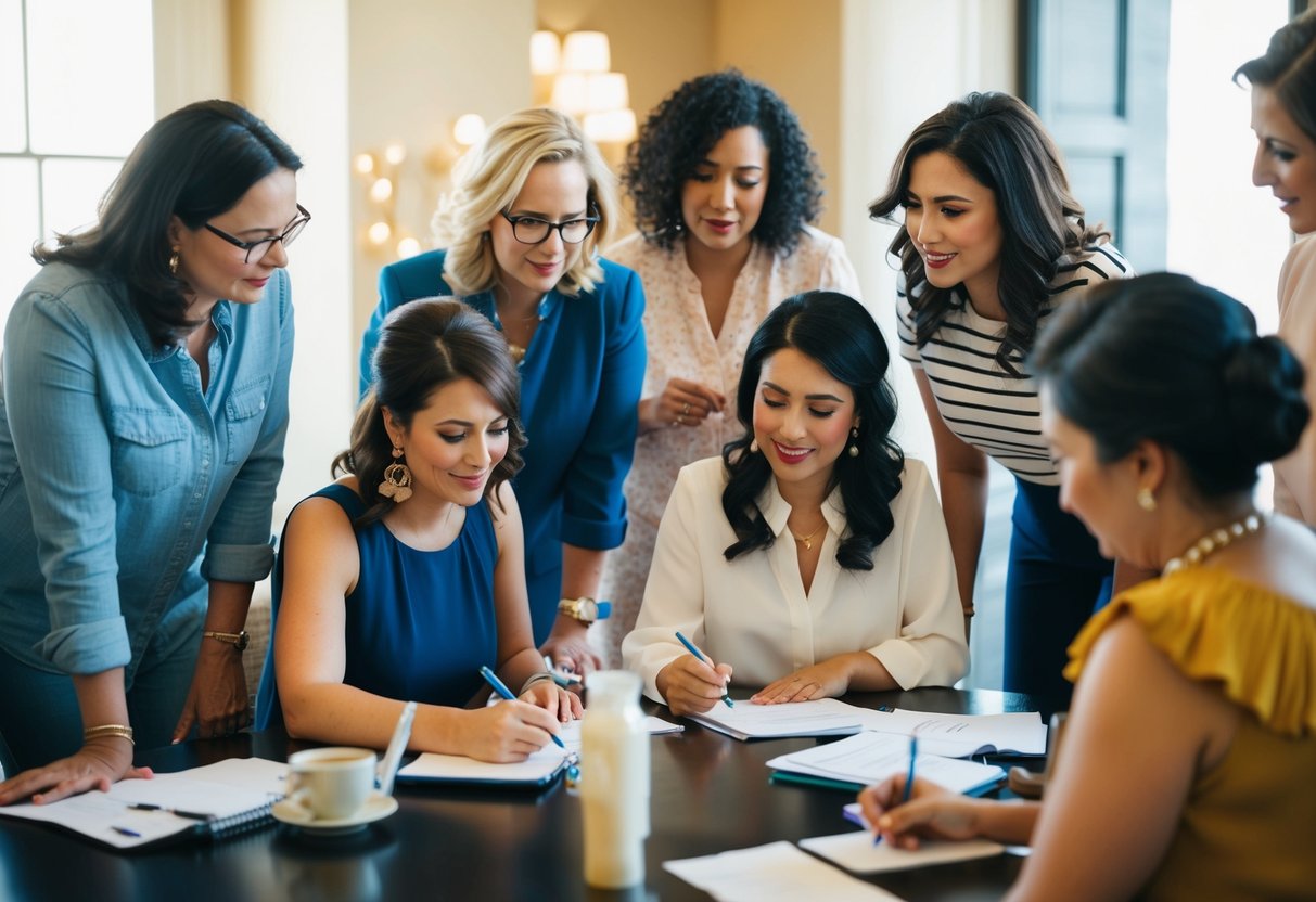 A group of women gather around a table, discussing and planning a destination bridal shower. One woman writes notes while others listen and contribute ideas