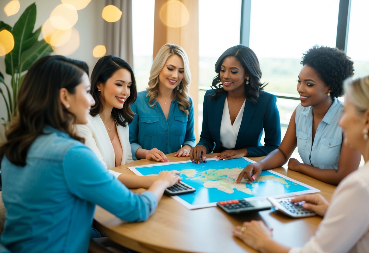A group of women sitting around a table with a map and calculator, discussing and planning a destination bridal shower