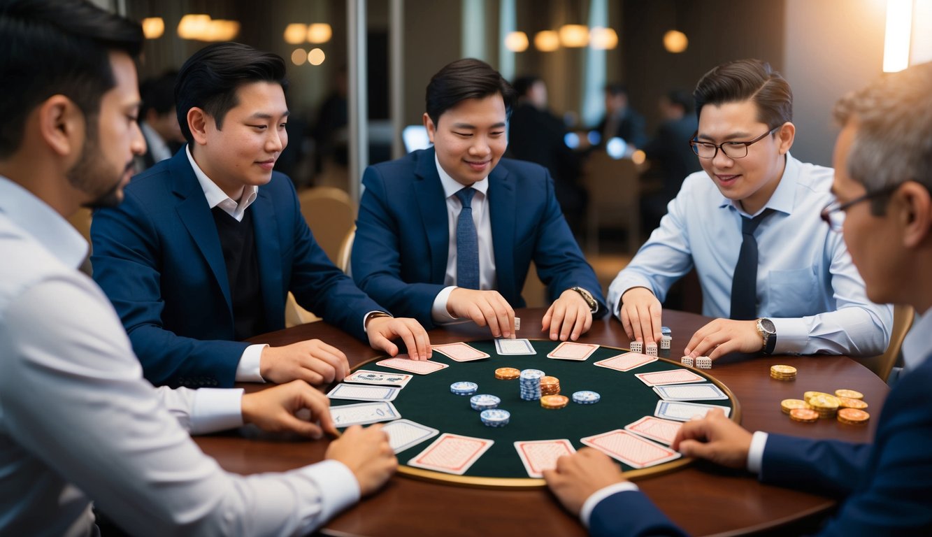 Sekelompok orang duduk di sekitar meja, masing-masing dengan satu set kartu ceme di depan mereka, memasang taruhan dan merencanakan langkah berikutnya.