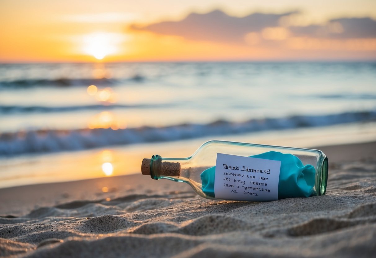 A beach with a sunset, a message in a bottle washed up on shore, and a bridesmaid dress inside