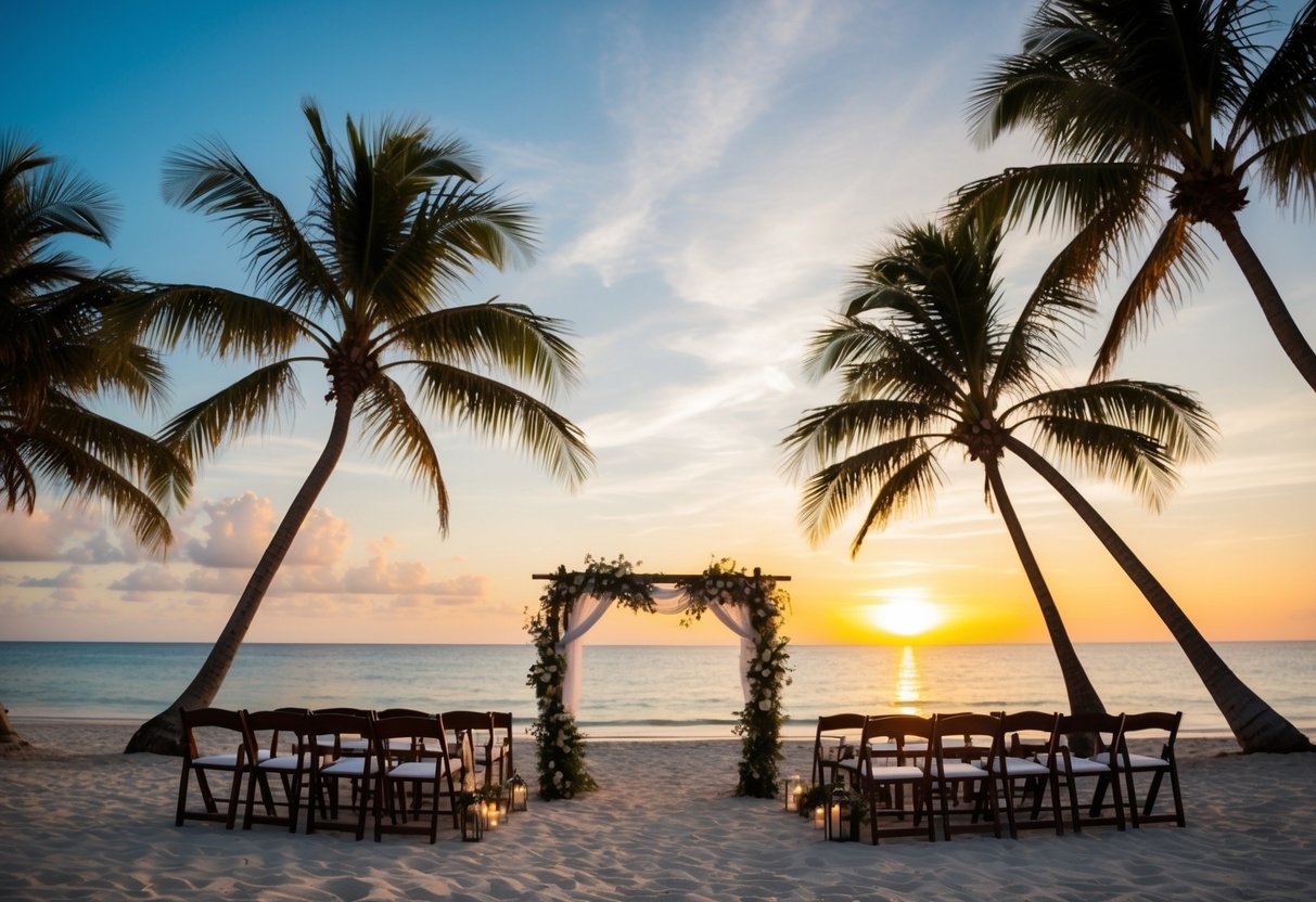 A tropical beach at sunset, with a wedding arch and chairs set up. Palm trees sway in the breeze as the ocean sparkles in the background