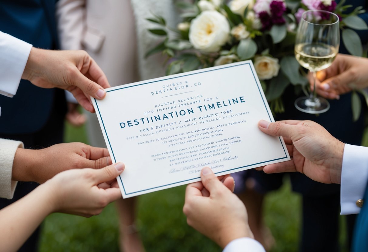 Guests receiving a formal invitation with a detailed timeline for a destination wedding, including travel and event schedules