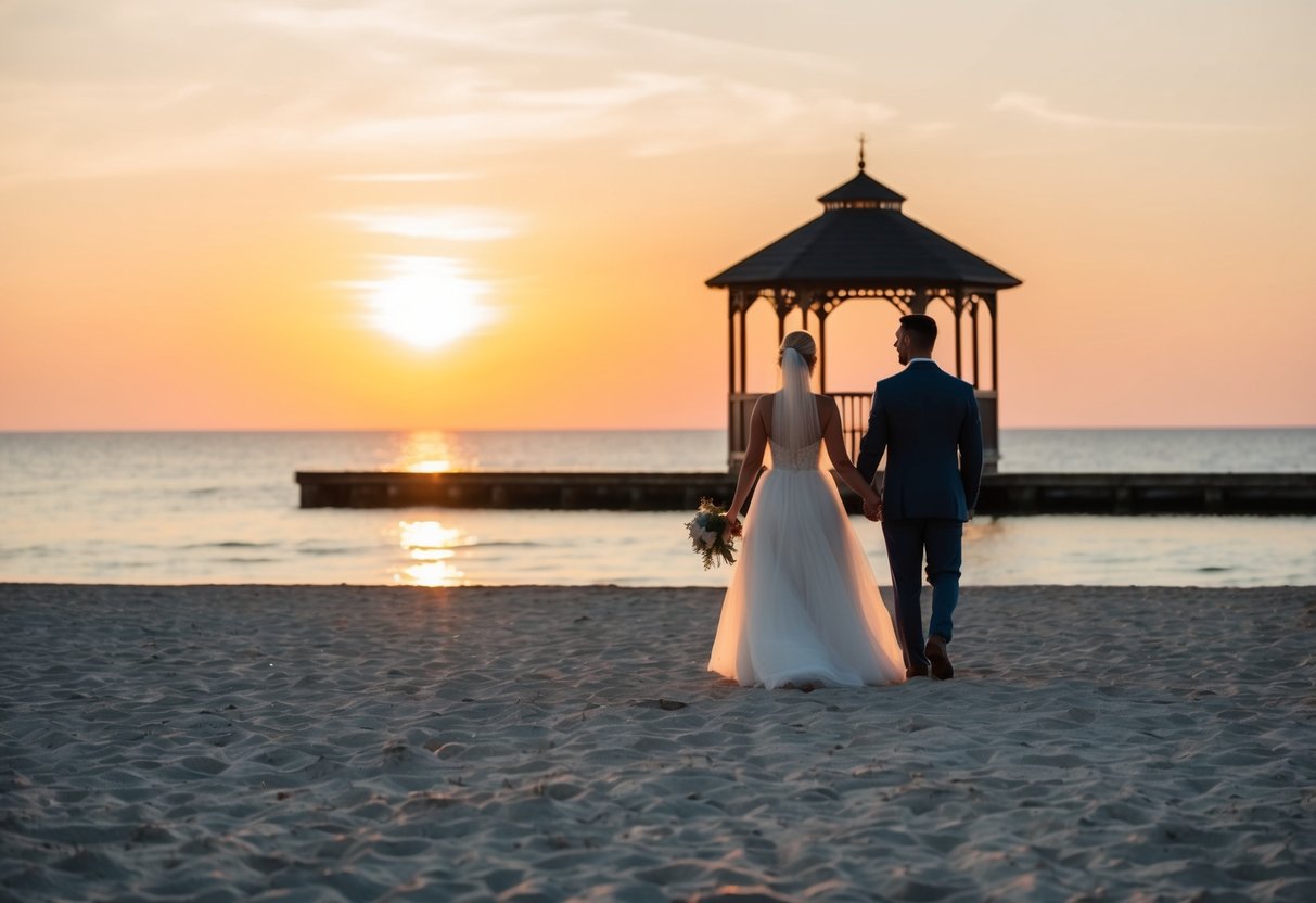 A serene beach setting with a distant wedding gazebo and a couple walking hand in hand towards it. The sun is setting, creating a warm and inviting atmosphere