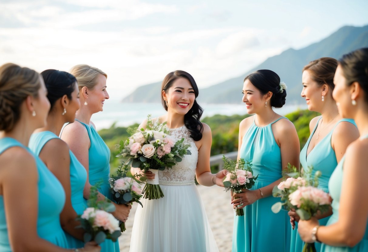 A woman holds a bouquet and smiles, gesturing towards a scenic beach or mountain vista. She is surrounded by other women, each holding a similar bouquet