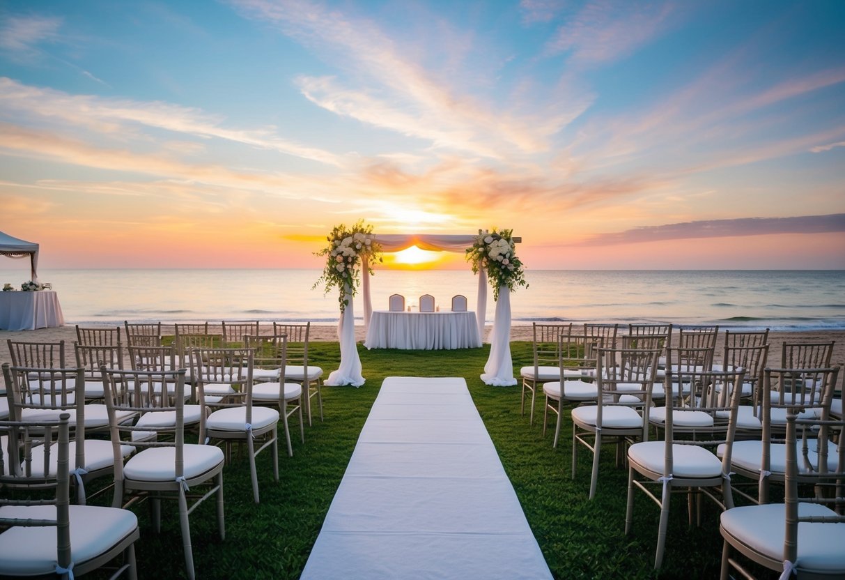 A serene beach setting with a beautiful sunset, elegant chairs arranged for a wedding ceremony, and a pathway leading to the reception area