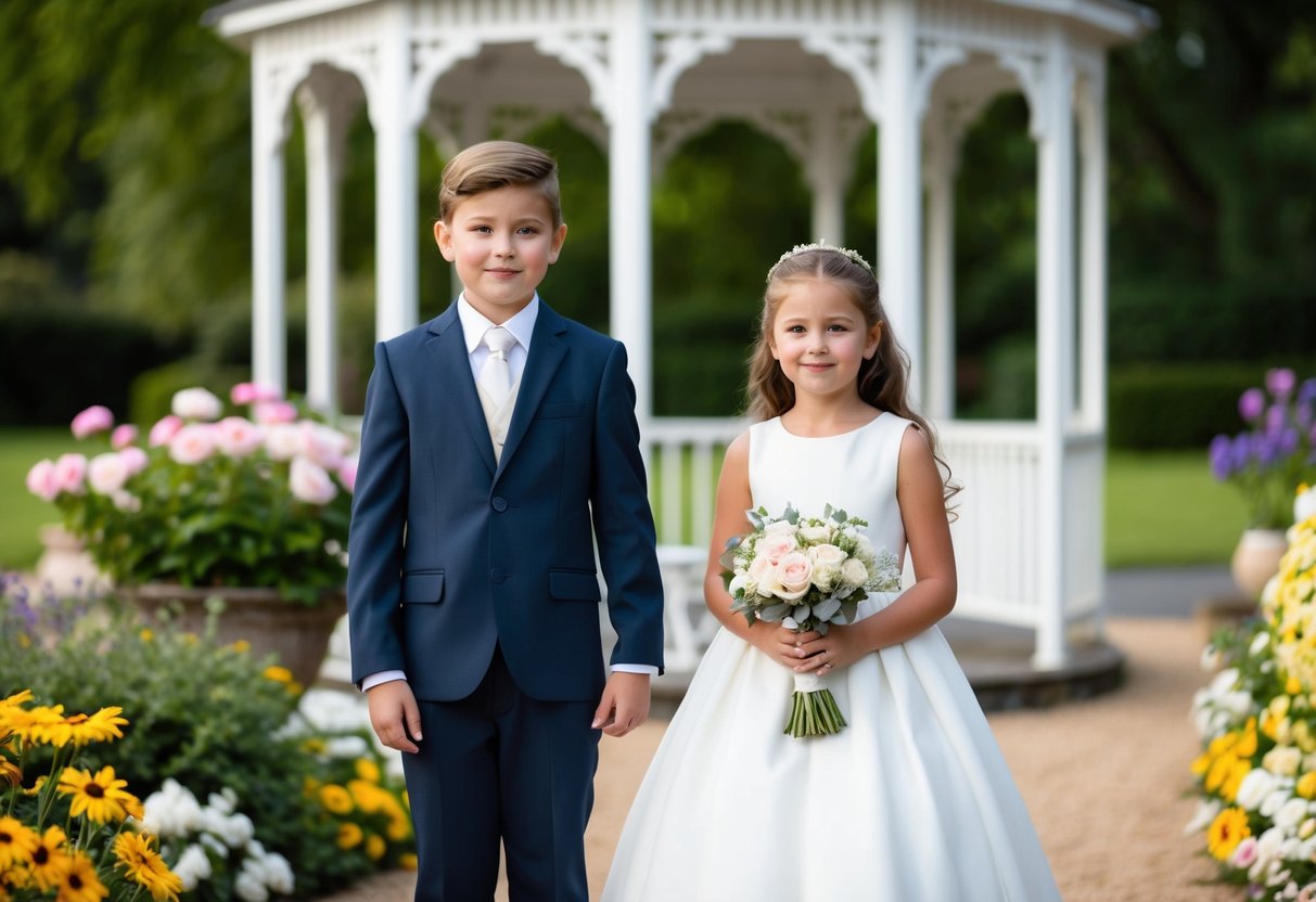 A young girl in a white dress holds a bouquet, standing next to a slightly taller figure in a suit. They are surrounded by flowers and a gazebo