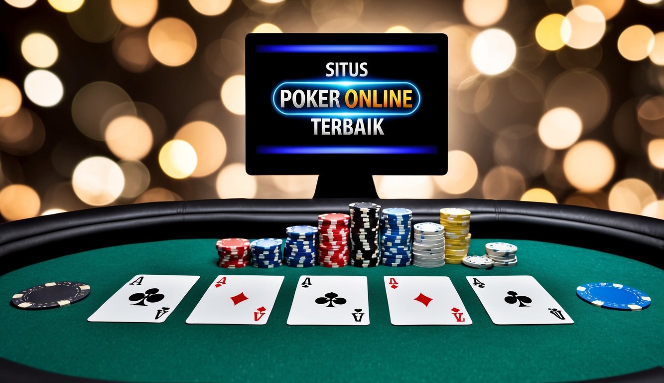 Meja poker dengan kartu, chip, dan layar digital yang menampilkan "Situs Poker Online Terbaik" di atas