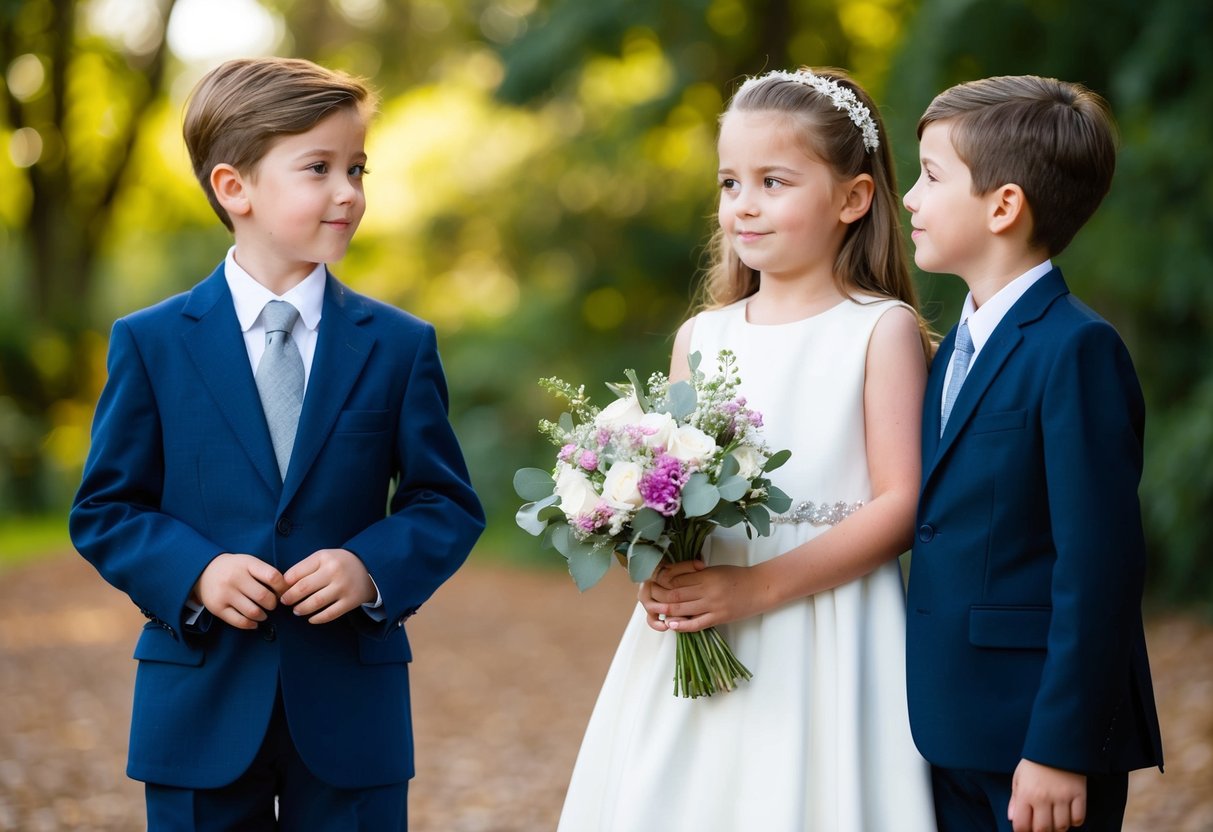 A young girl in a white dress, holding a bouquet of flowers, standing shyly next to a slightly older boy in a suit