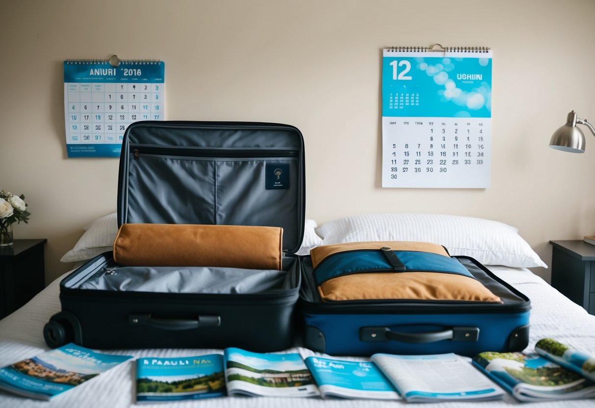 A suitcase sits open, half-packed, on a bed surrounded by travel brochures and a map. A calendar on the wall displays the wedding date