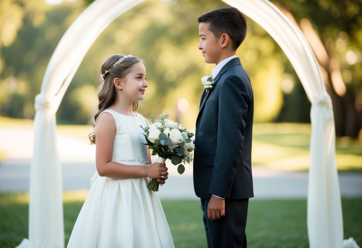 A young girl in a white dress, holding a bouquet, standing next to a slightly taller figure in a suit, with a wedding arch in the background