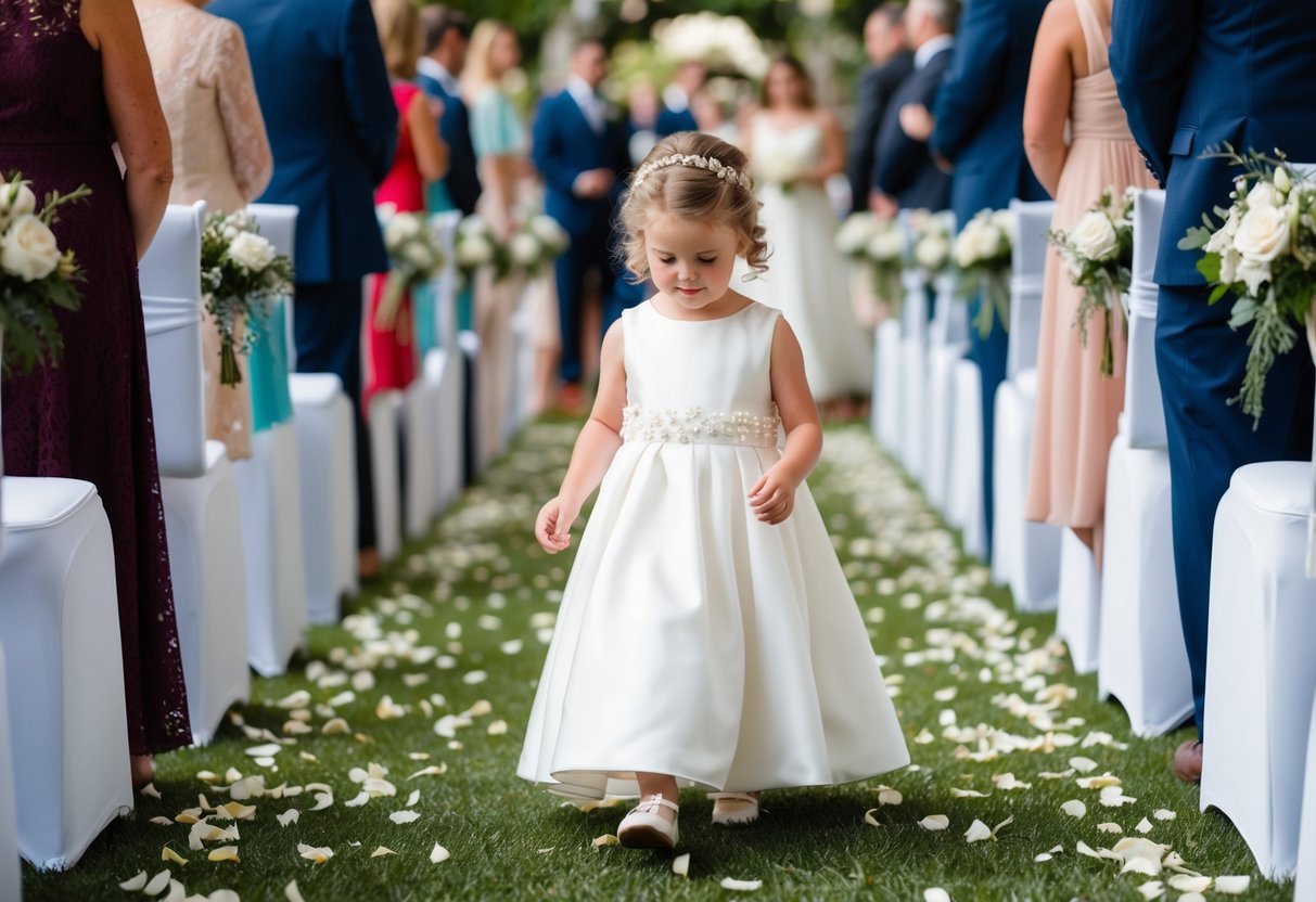 A young flower girl in a white dress scatters petals down the aisle at a wedding ceremony
