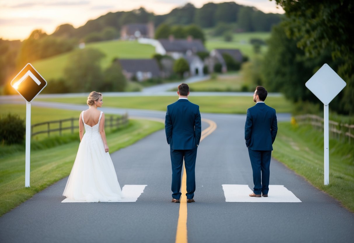 A person standing at a crossroads, with one path leading to a wedding venue and the other leading in a different direction. The person looks contemplative, weighing their decision