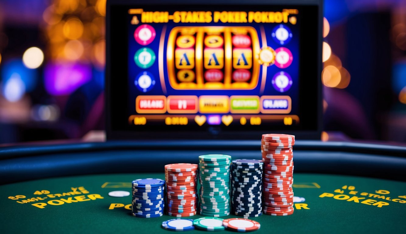 Sebuah permainan poker yang penuh warna dan berisiko tinggi dengan chip, kartu, dan jackpot yang bersinar ditampilkan di layar digital