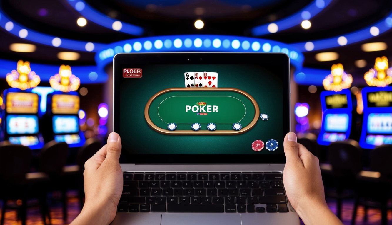 Sebuah layar digital menampilkan meja poker virtual dengan kartu dan chip, dikelilingi oleh latar belakang suasana kasino dengan lampu berkedip dan mesin slot.