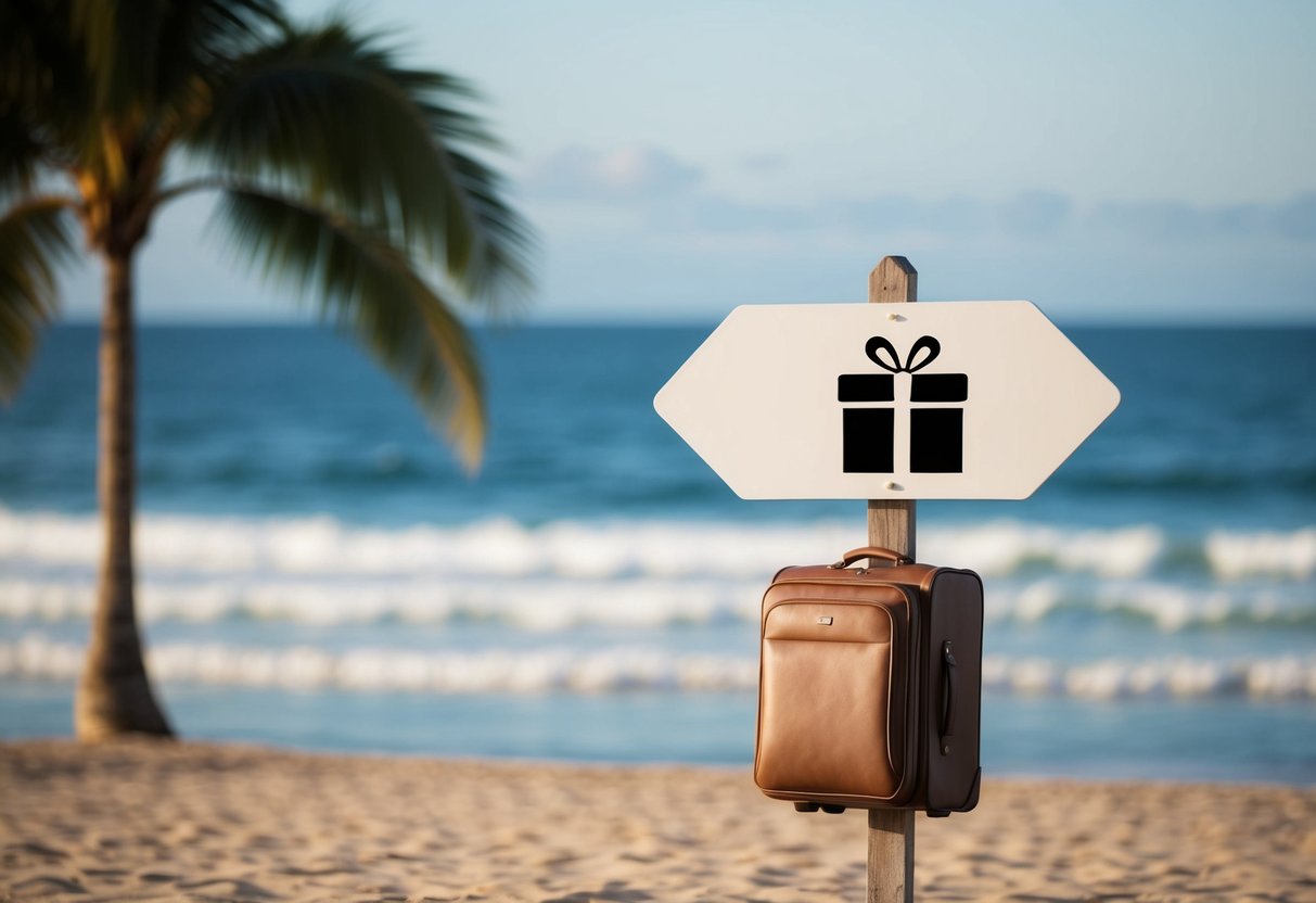 A beach scene with a signpost showing a suitcase with a crossed-out gift box, and a serene ocean in the background