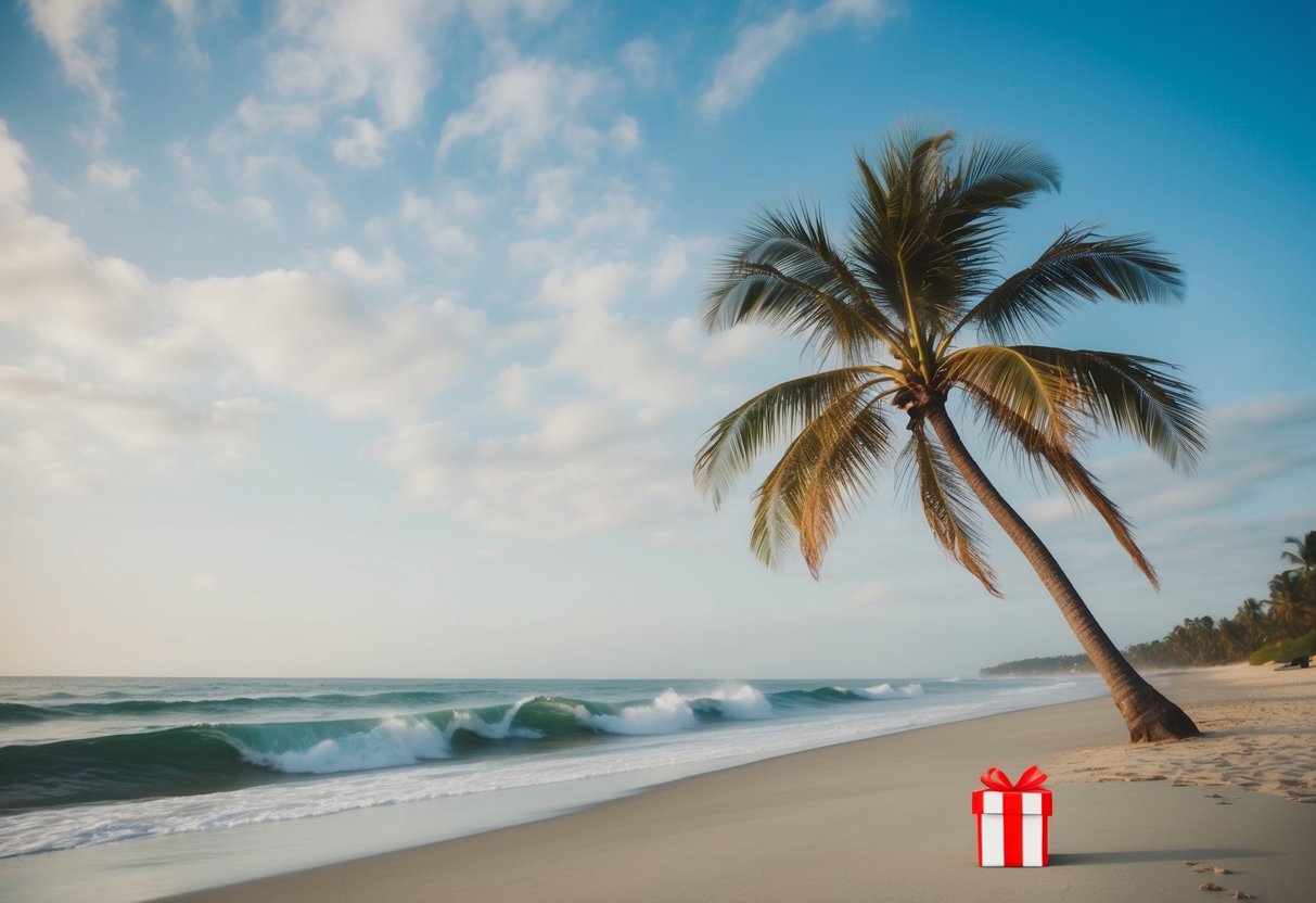 A beach with a palm tree, waves, and a wedding invitation with a crossed-out gift box