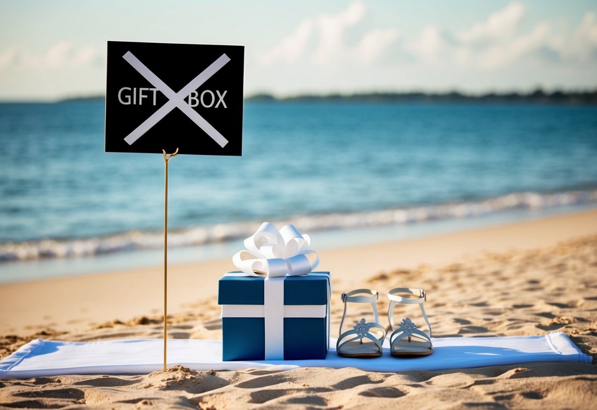 A serene beach with a wedding setup, a sign with a crossed-out gift box, and a couple smiling