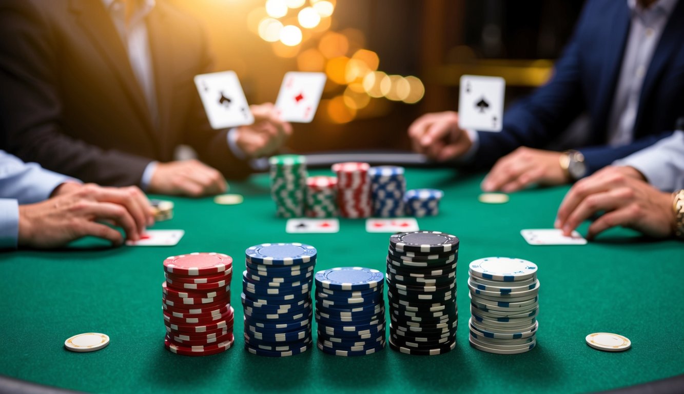 Sekelompok chip poker disusun di atas meja felt hijau, dengan kartu yang dibagikan dan pemain yang merencanakan strategi.