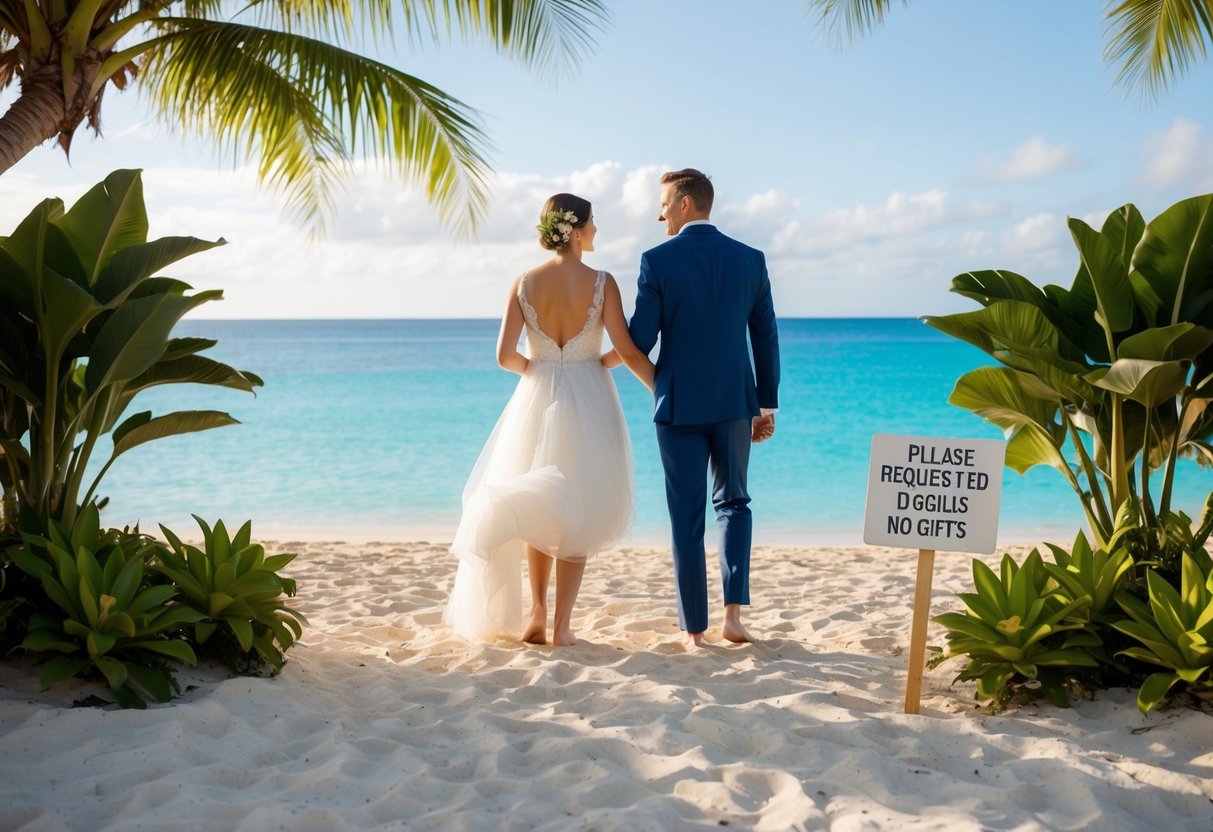 A serene beach setting with a bride and groom standing barefoot in the sand, surrounded by tropical greenery and a clear blue ocean, a sign nearby politely requesting no gifts